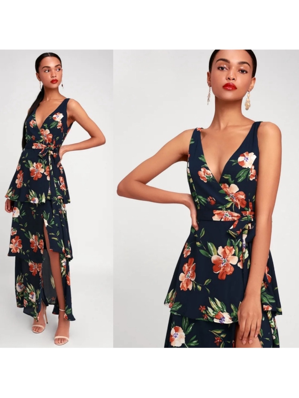 Bouquet, Girl, Hey! Navy Blue Floral Print Wrap Maxi Dress - Picture 2 of 8